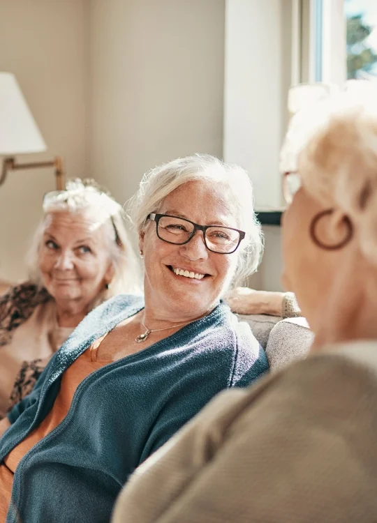 Elderly women chatting and smiling on a sunny day indoors.