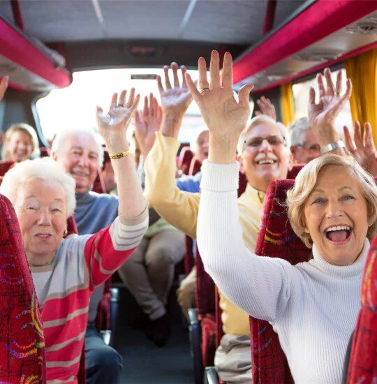 Group of cheerful seniors raising hands on a bus.