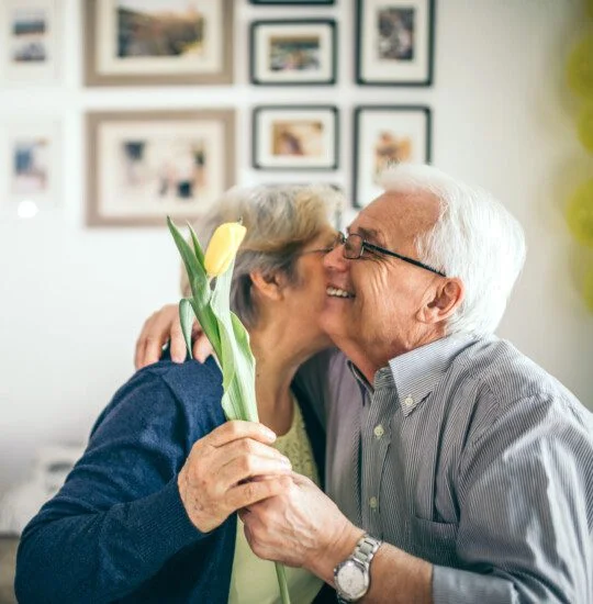 Elderly couple embracing, holding a yellow tulip, with framed pictures behind them.