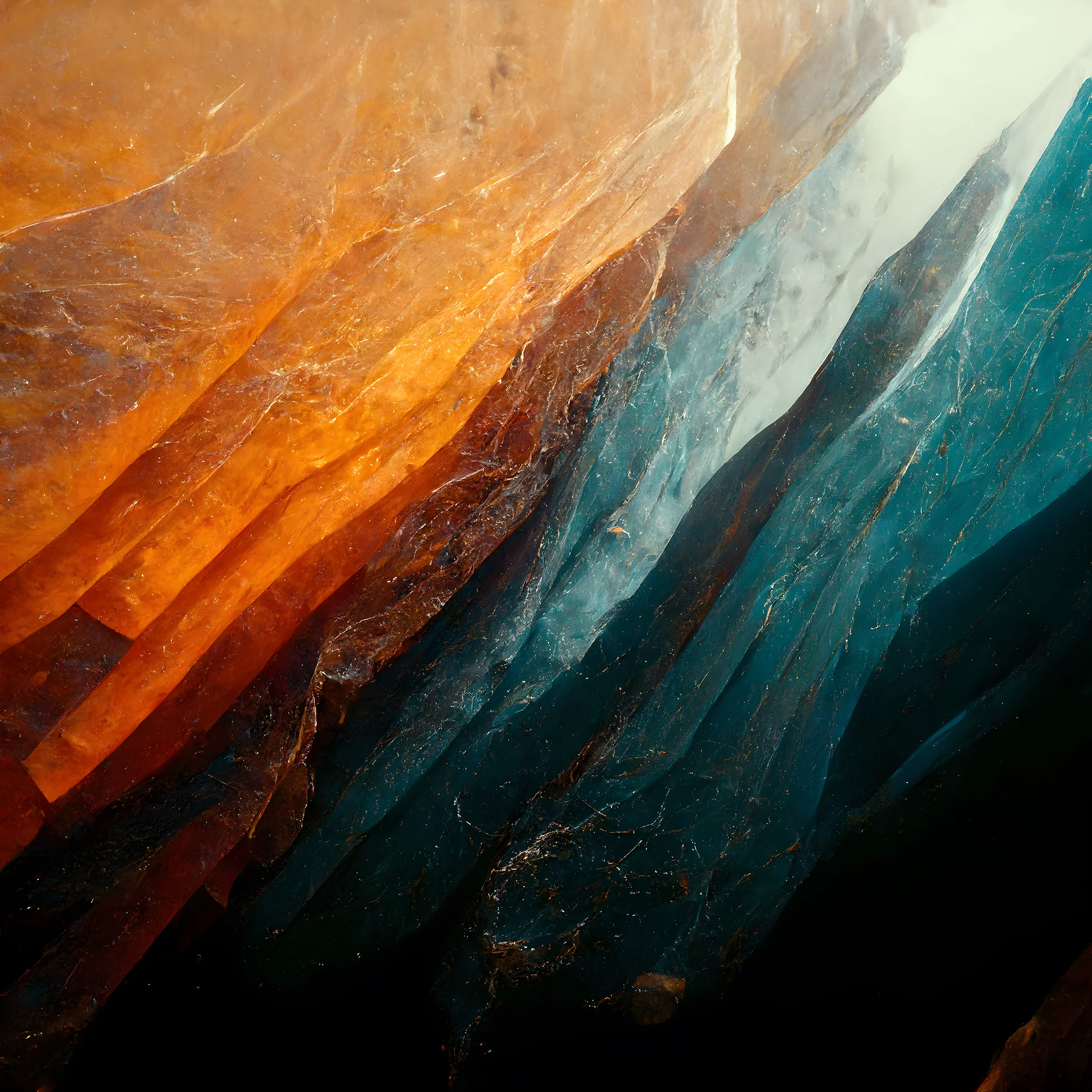 Abstract: Layers of orange and teal textures resembling rock formations.