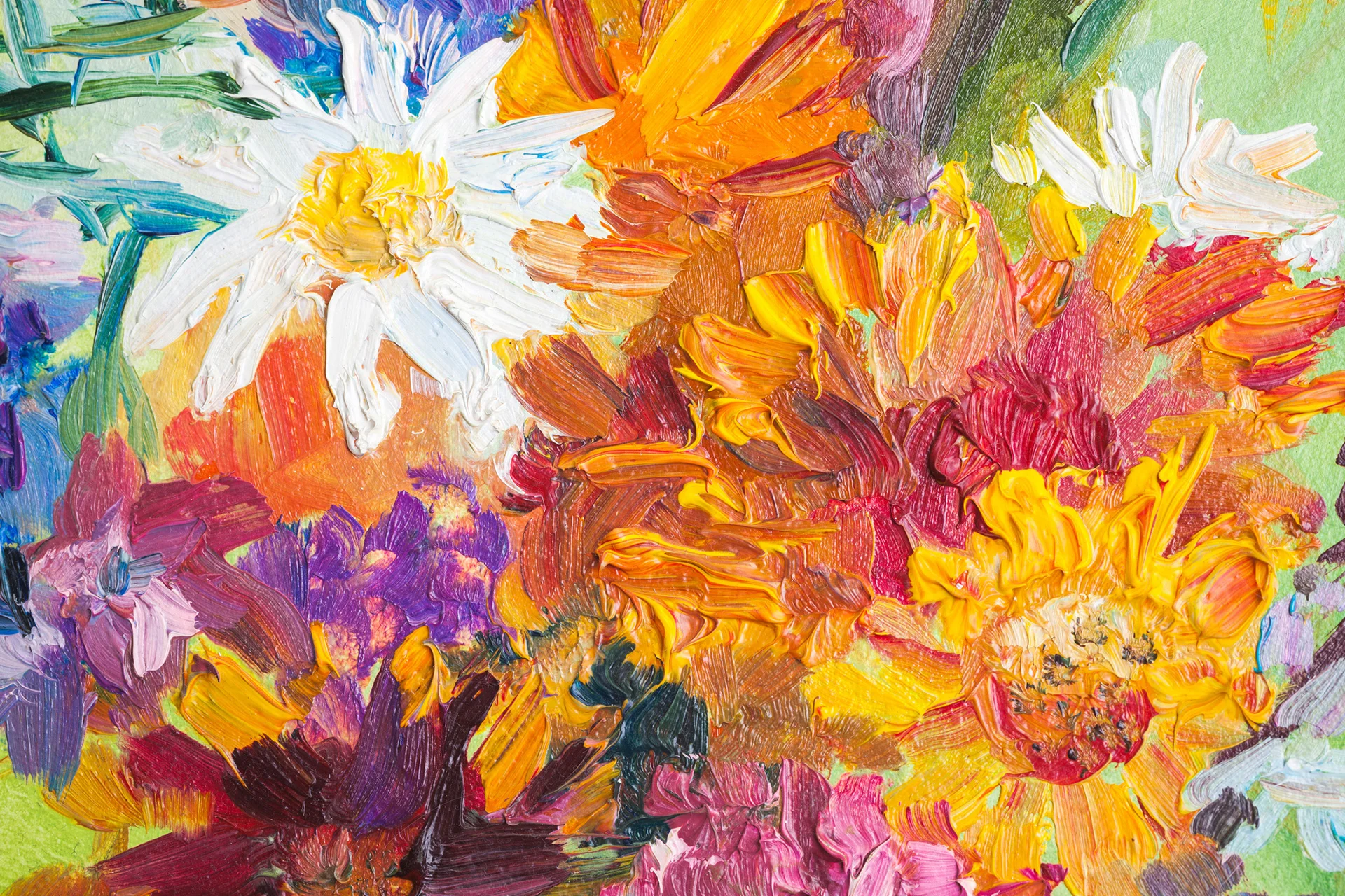 Colorful abstract painting of vibrant flowers with thick brushstrokes.