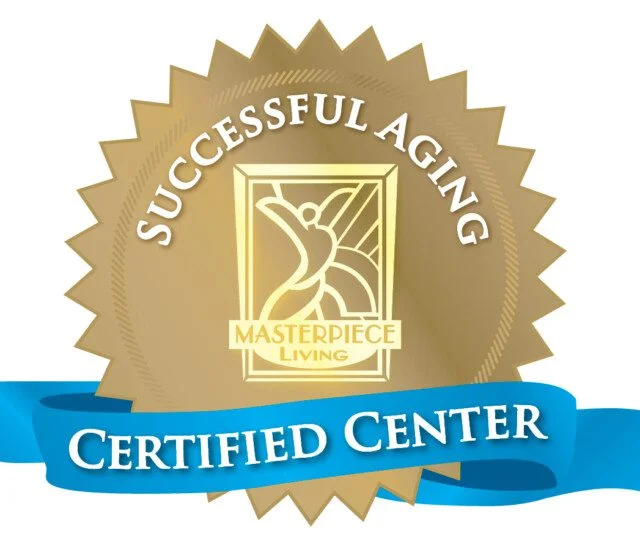 Gold badge with Successful Aging Certified Center text and a blue ribbon.
