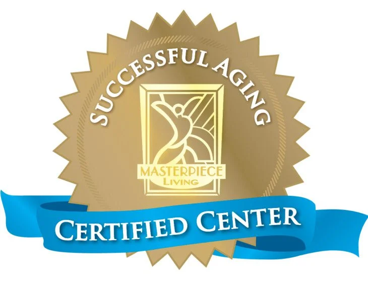 Gold badge with Successful Aging Certified Center text and a blue ribbon.