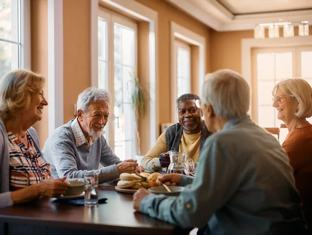 Five seniors happily chatting over breakfast at a sunlit table.