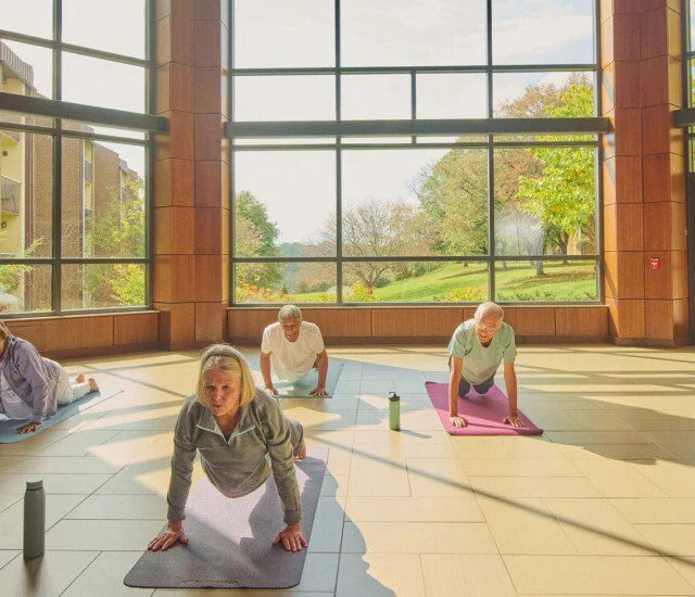 Older adults doing yoga indoors with large windows and garden view.