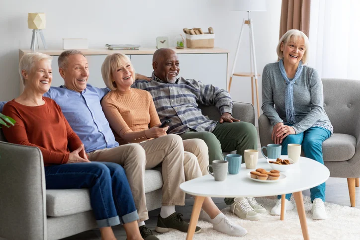Seniors smiling and sitting on a couch with coffee and snacks on the table.