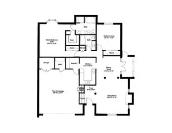 Floor plan with 2 bedrooms, 2 baths, kitchen, dining, living room, garage, and storage.