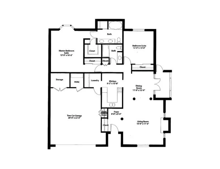 Floor plan with 2 bedrooms, 2 baths, kitchen, dining, living room, garage, and storage.
