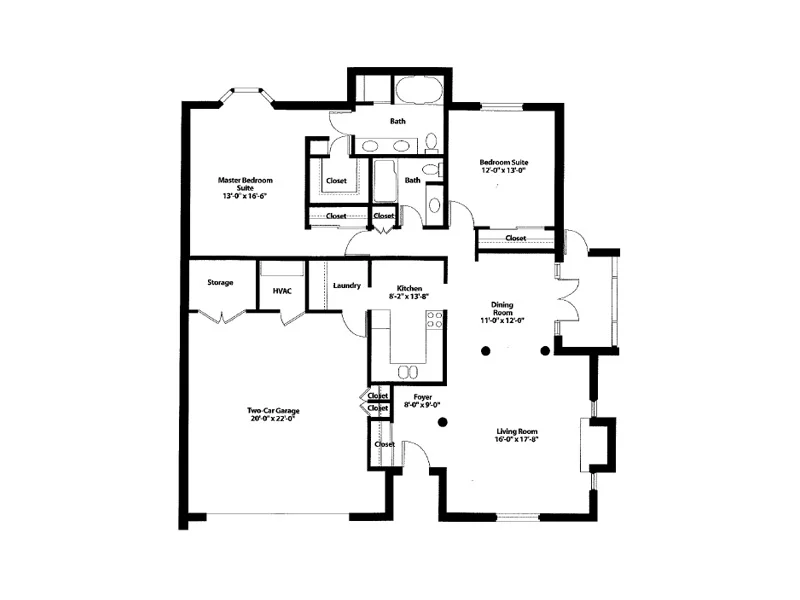 Floor plan with 2 bedrooms, 2 baths, kitchen, dining, living room, garage, and storage.