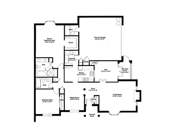 House floor plan with 2 bedrooms, 2 baths, kitchen, living room, dining room, and garage.