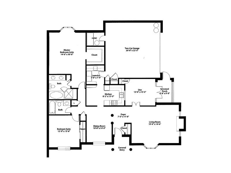 House floor plan with 2 bedrooms, 2 baths, kitchen, living room, dining room, and garage.