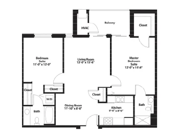 Two-bedroom, two-bathroom apartment floor plan with kitchen and living room.