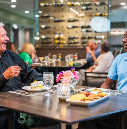 Two men share laughter over meals at a restaurant table with wine bottles on display behind them.