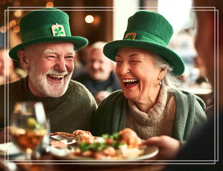 Two seniors enjoying lunch while celebrating St. Patrick's Day