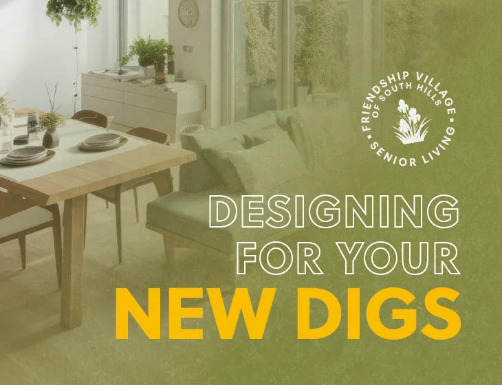 Set dining room table with text overlay on green background: Designing For Your New Digs