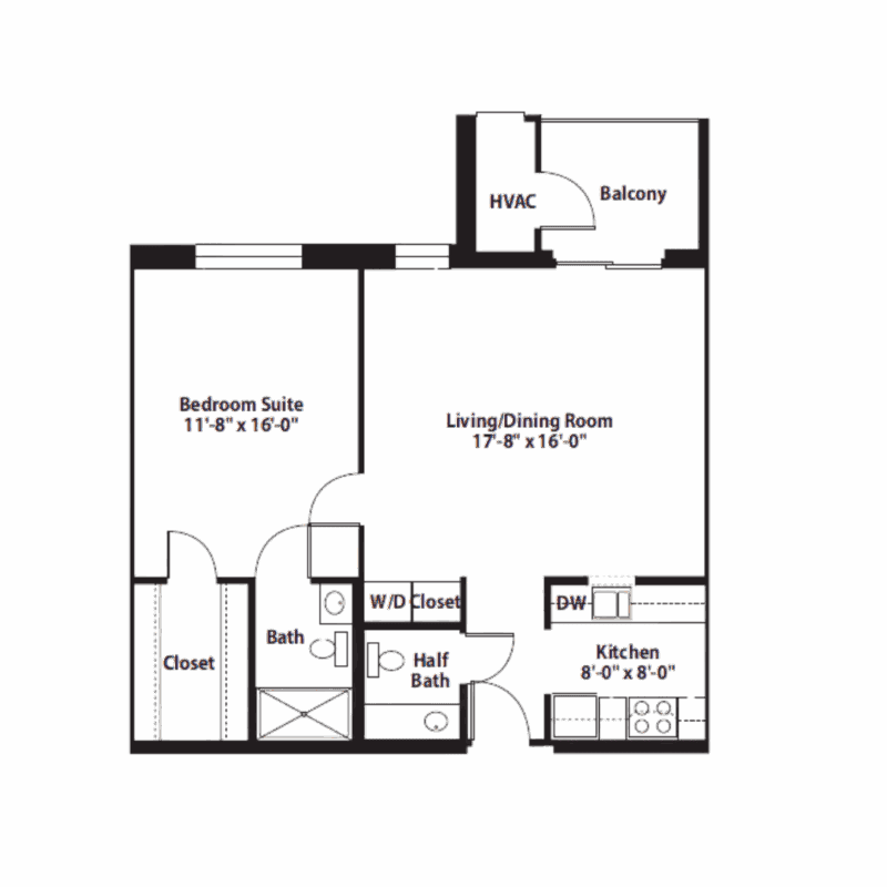 One-bedroom apartment floor plan with kitchen, living/dining, bath, half bath, and balcony.