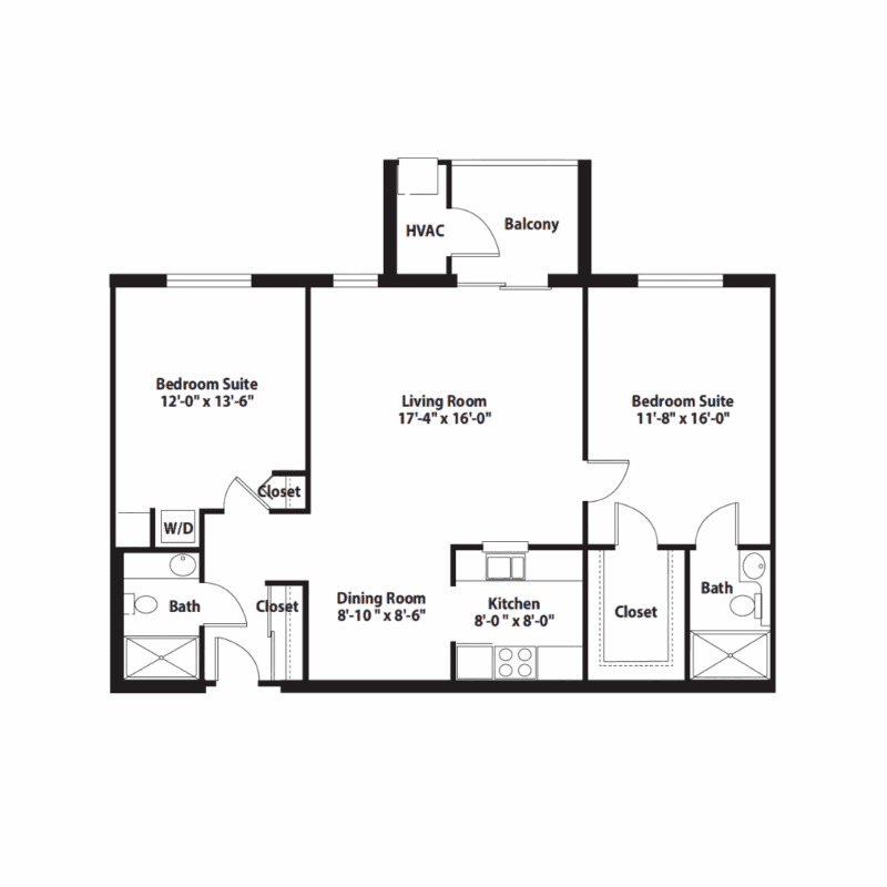 Floor plan with two bedrooms, two bathrooms, living room, kitchen, dining, balcony, and closets.