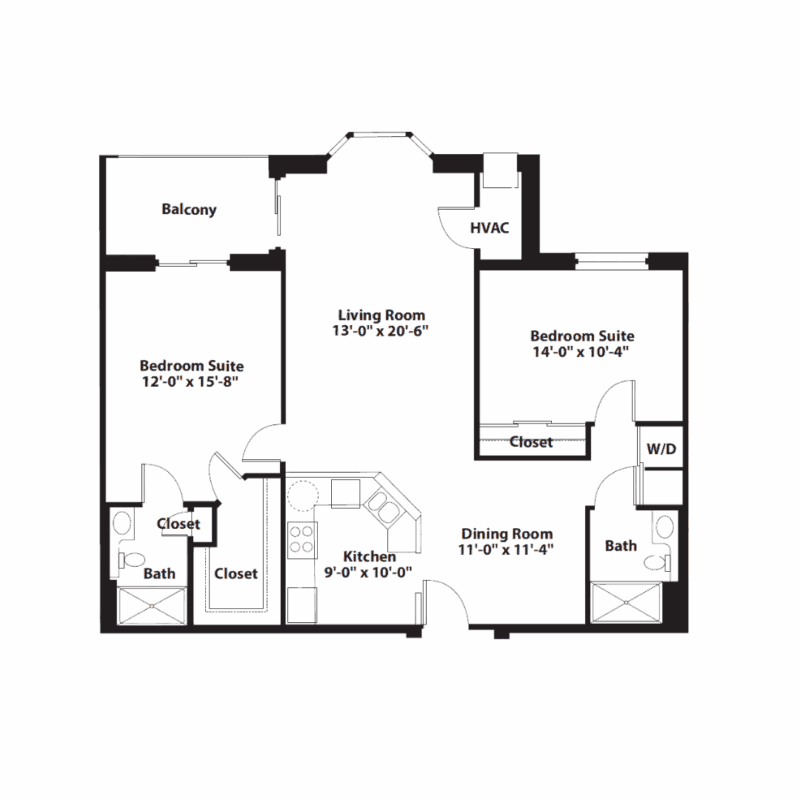 Floor plan with two bedrooms, two baths, living room, kitchen, dining room, and balcony.