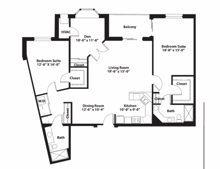 Floor plan of an apartment with two bedrooms, two baths, kitchen, den, and living room space.
