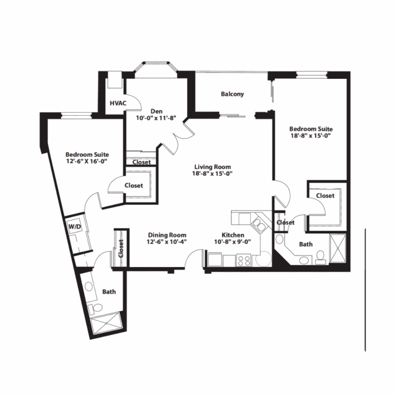 Floor plan of an apartment with two bedrooms, two baths, kitchen, den, and living room space.