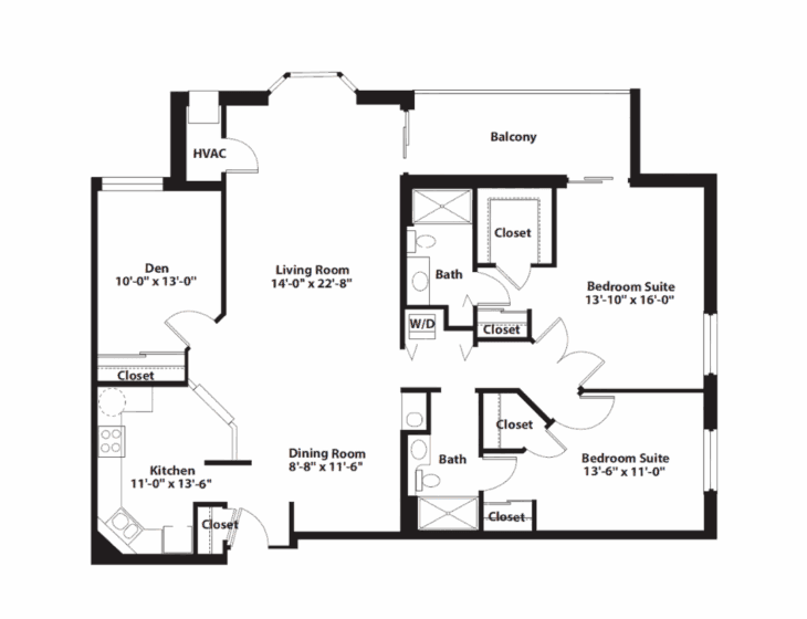 Two-bedroom apartment floor plan with den, living room, kitchen, dining area, two baths, and balcony