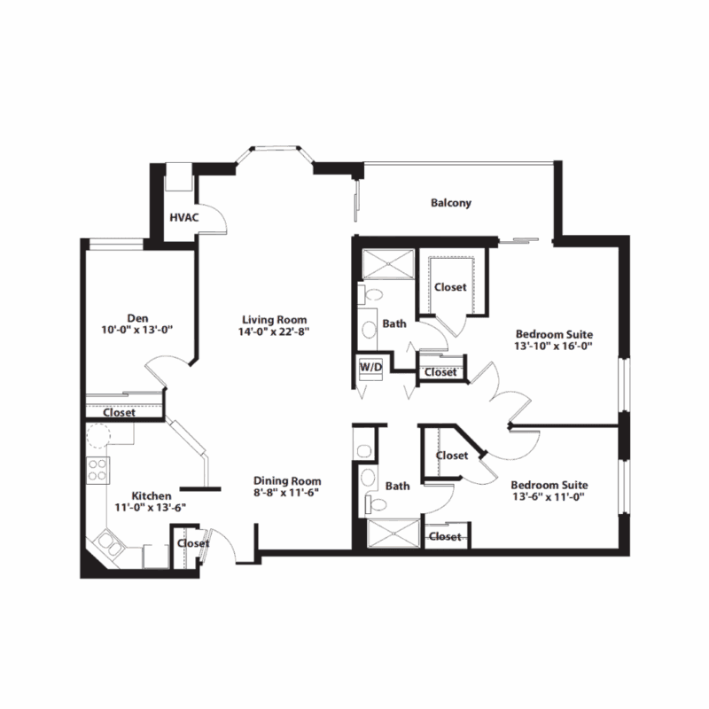 Two-bedroom apartment floor plan with den, living room, kitchen, dining area, two baths, and balcony