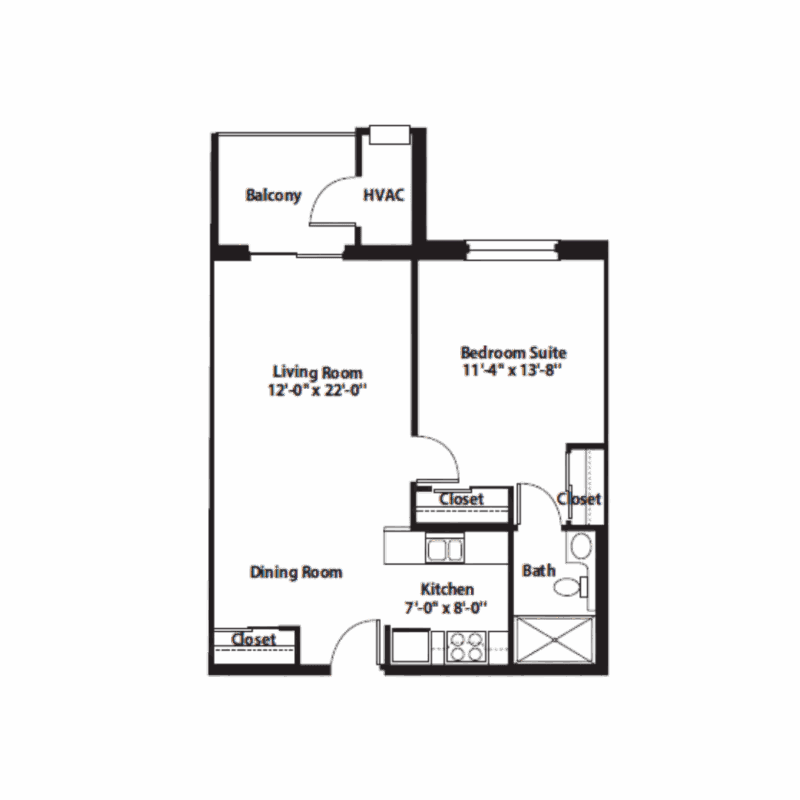 One-bedroom apartment floor plan with living room, kitchen, bath, and balcony.