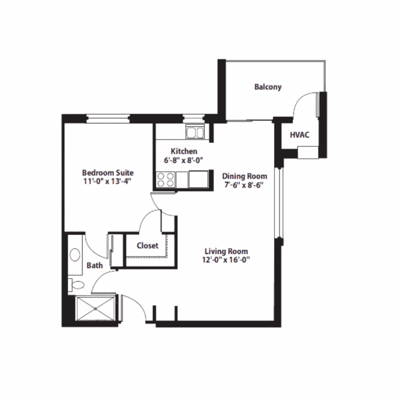 Floor plan with living room, bedroom, kitchen, dining, bath, closet, balcony, and HVAC.