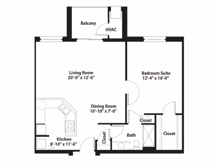 Apartment floor plan with living, dining, bedroom, kitchen, bath, closets, and balcony.
