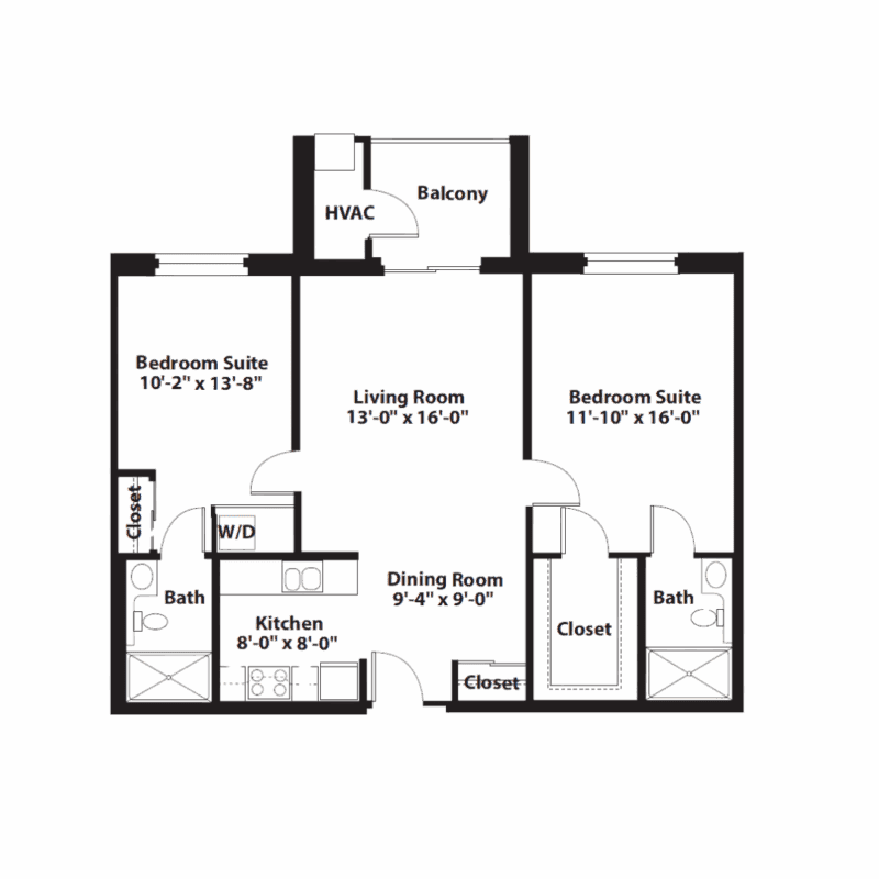 Floor plan with two bedrooms, two baths, kitchen, living room, dining area, and balcony.