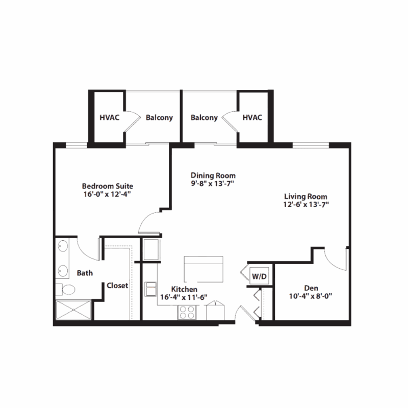 Apartment floor plan with bedroom, den, living and dining rooms, kitchen, bath, and balconies.