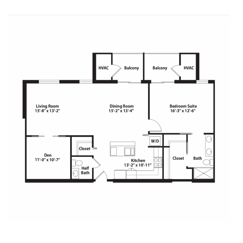 Floor plan with living, dining, kitchen, bedroom, den, two baths, and two balconies.