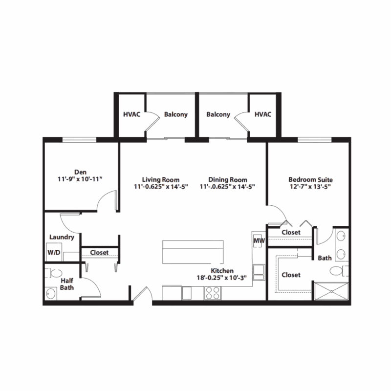 Floor plan of a 2-bedroom apartment with kitchen, living room, and two balconies.