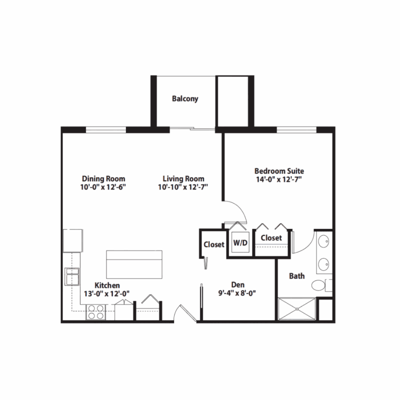 Floor plan with dining, living, kitchen, bedroom, den, bath, closets, W/D, and balcony.