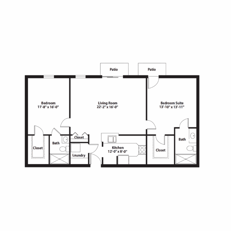 Two-bedroom apartment floor plan with kitchen, main room, and two bathrooms.