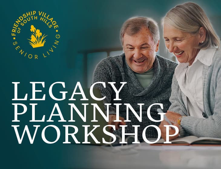 Man smiling looking at laptop next to woman writing smiling and looking at laptop with words, Legacy Planning Workshop